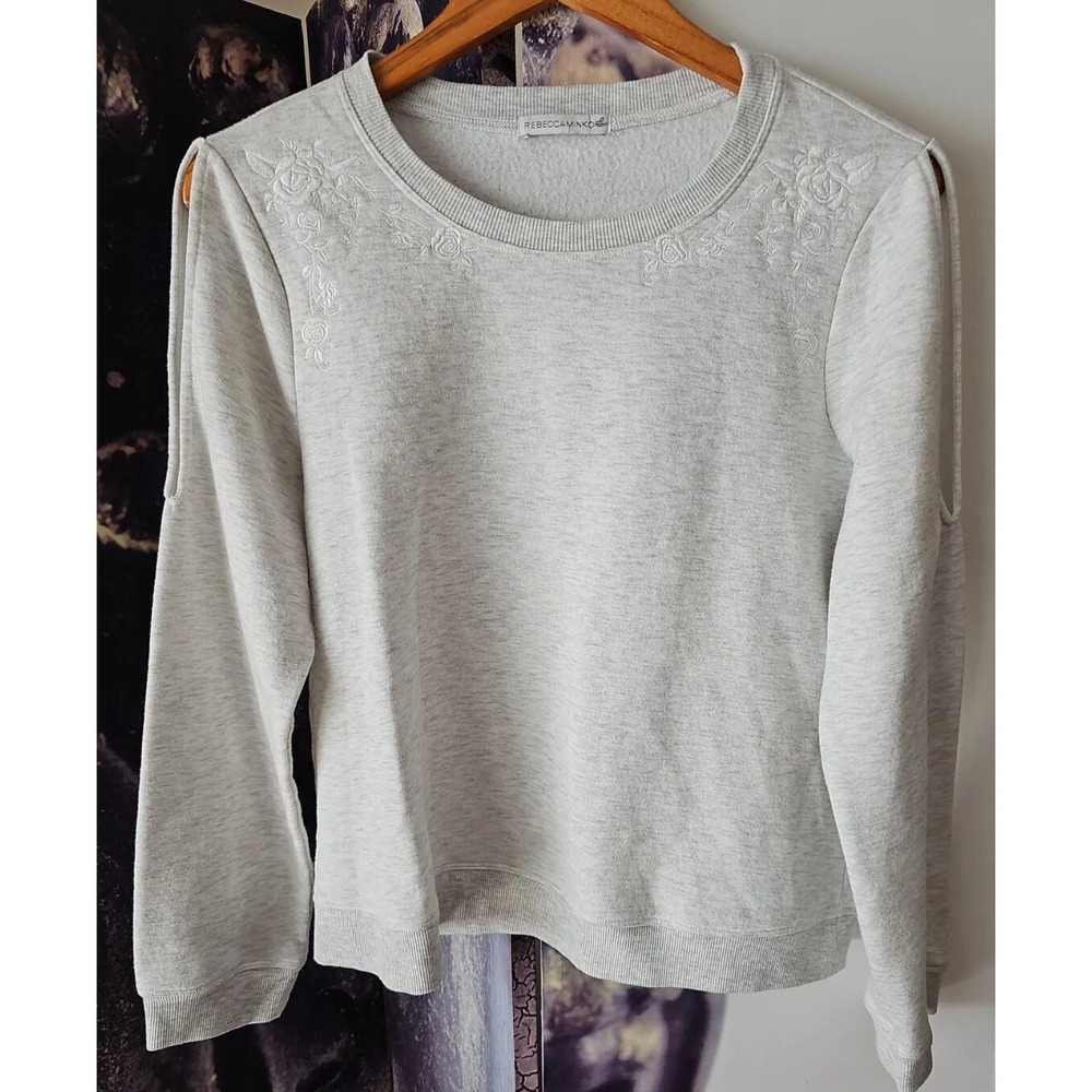REBECCA MINKOFF Women's Cold Shoulder Floral Embroider Gray Pullover Sweater M/L